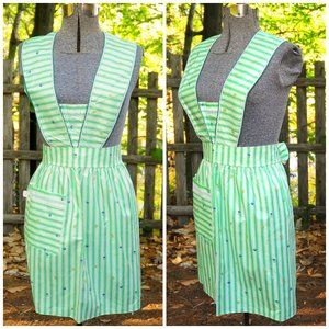 VTG 60's NOS Kelly Green & White Stripe and Floral Print Full Bib Cotton Apron
